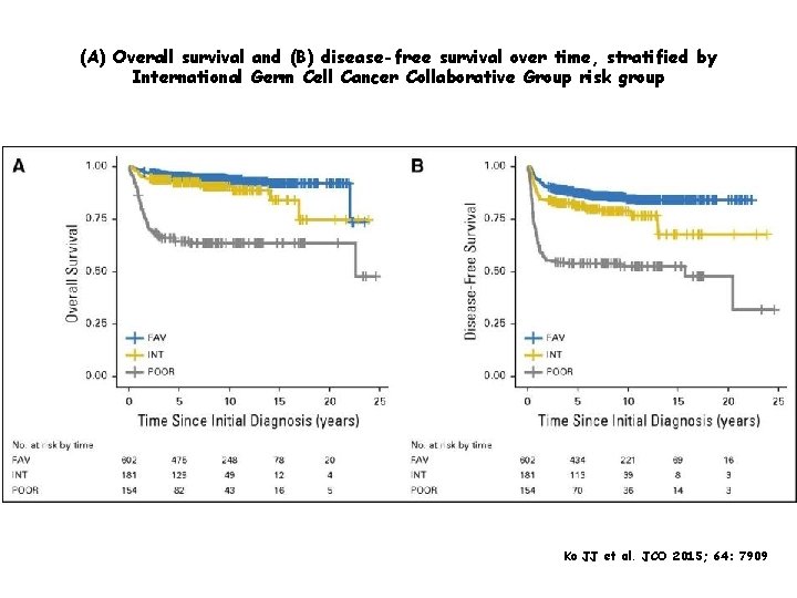 (A) Overall survival and (B) disease-free survival over time, stratified by International Germ Cell