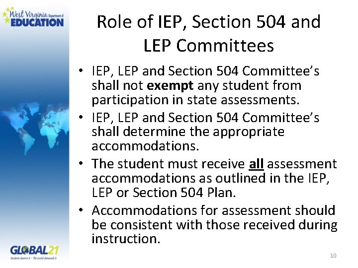 Role of IEP, Section 504 and LEP Committees • IEP, LEP and Section 504