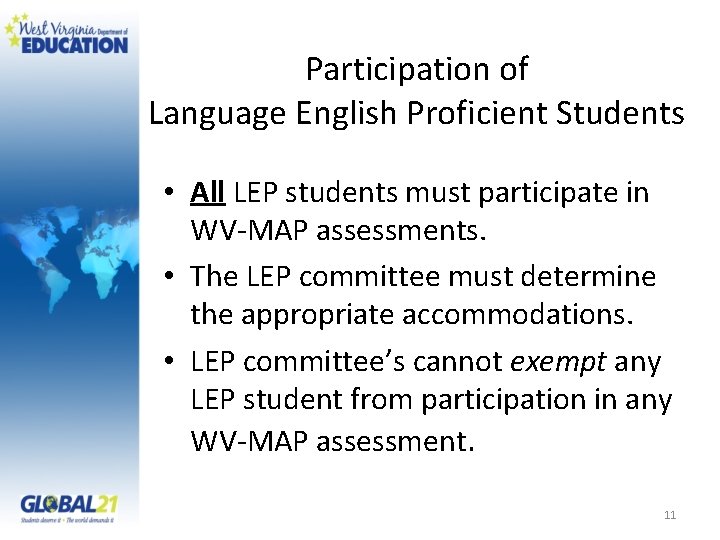 Participation of Language English Proficient Students • All LEP students must participate in WV-MAP
