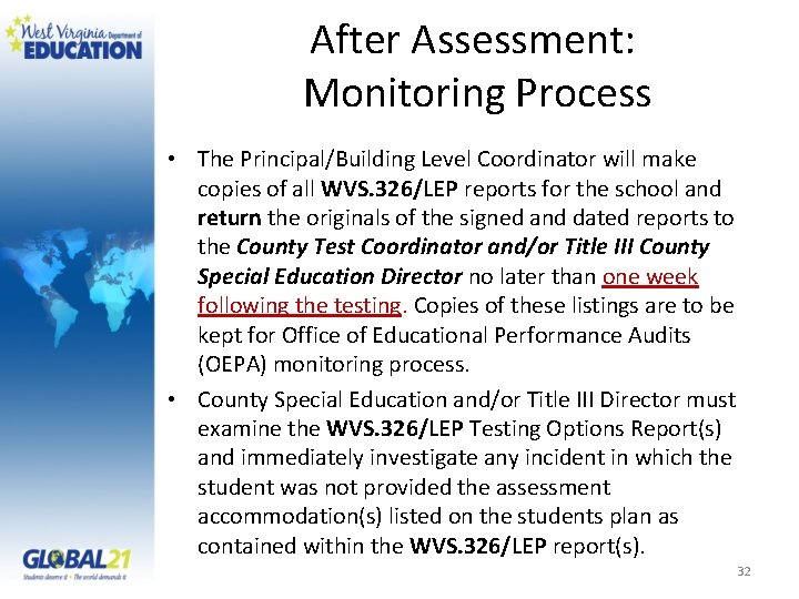 After Assessment: Monitoring Process • The Principal/Building Level Coordinator will make copies of all