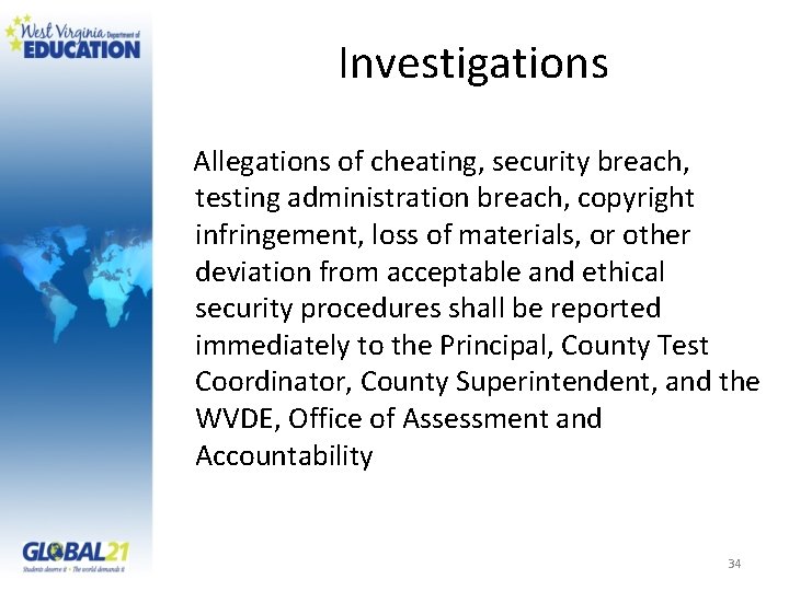 Investigations Allegations of cheating, security breach, testing administration breach, copyright infringement, loss of materials,
