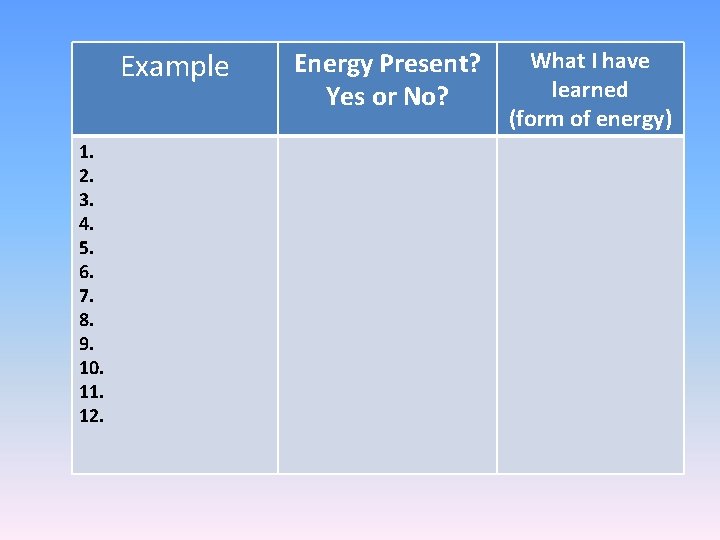 Example 1. 2. 3. 4. 5. 6. 7. 8. 9. 10. 11. 12. Energy Example 1. 2. 3. 4. 5. 6. 7. 8. 9. 10. 11. 12. Energy