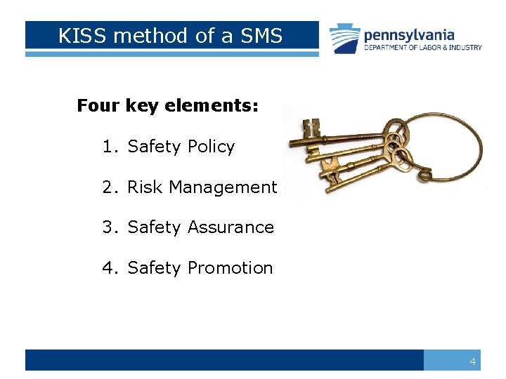 KISS method of a SMS Four key elements: 1. Safety Policy 2. Risk Management