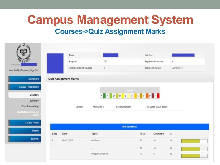 Campus Management System Courses->Quiz Assignment Marks 