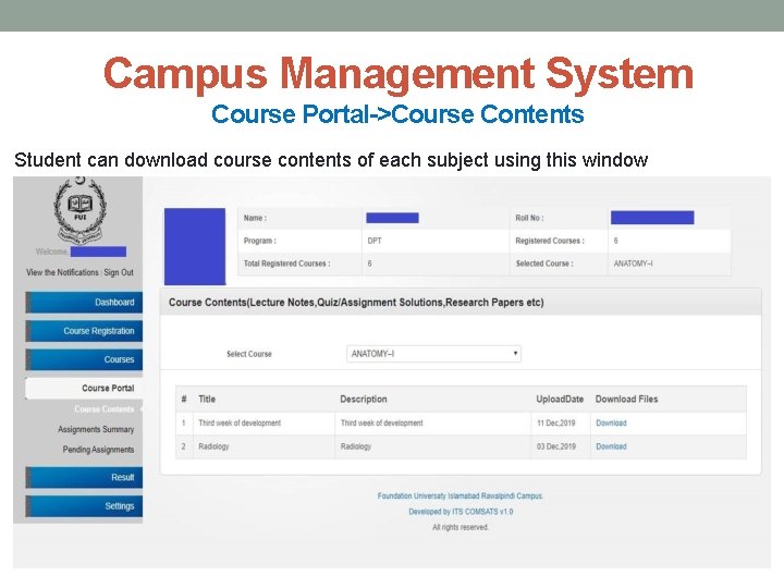 Campus Management System Course Portal->Course Contents Student can download course contents of each subject