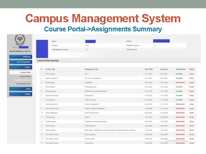 Campus Management System Course Portal->Assignments Summary 