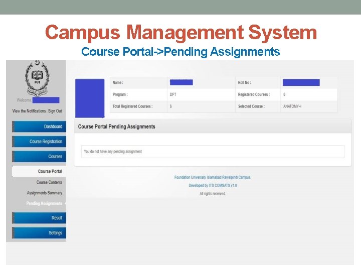 Campus Management System Course Portal->Pending Assignments 