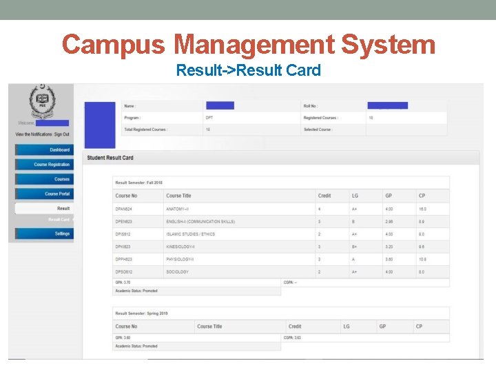 Campus Management System Result->Result Card 