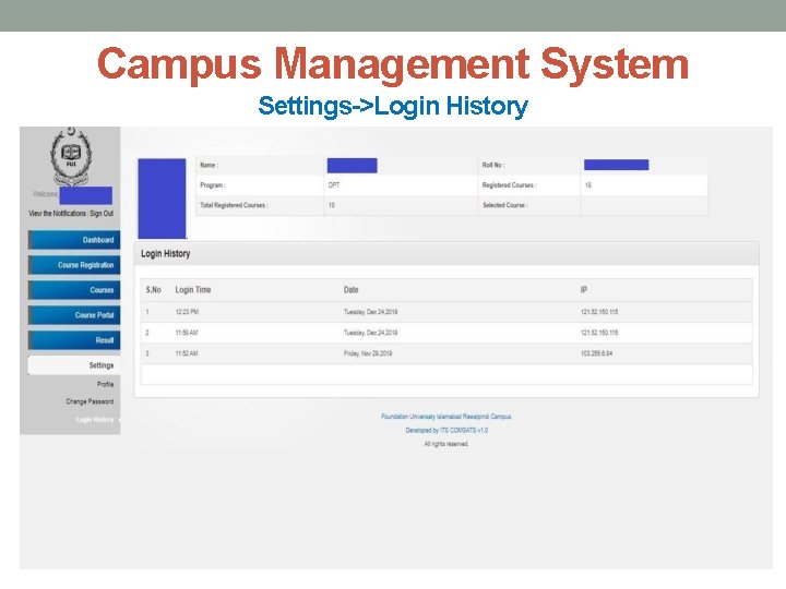 Campus Management System Settings->Login History 