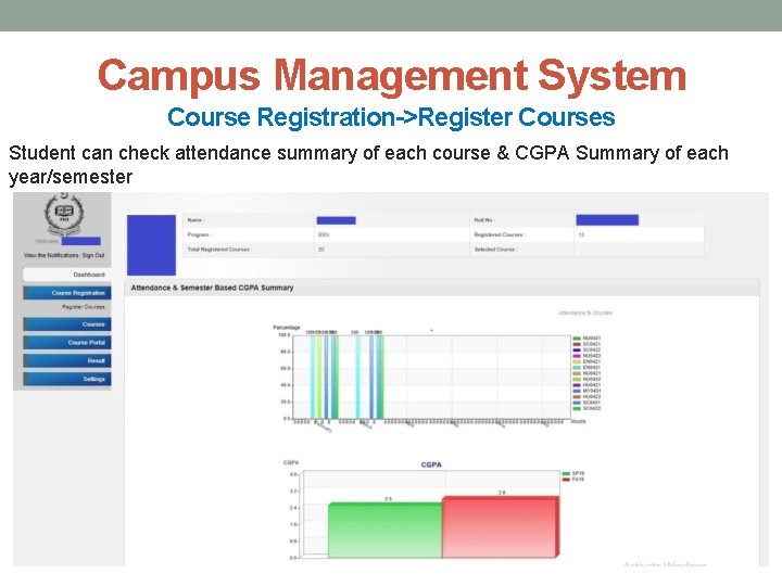 Campus Management System Course Registration->Register Courses Student can check attendance summary of each course