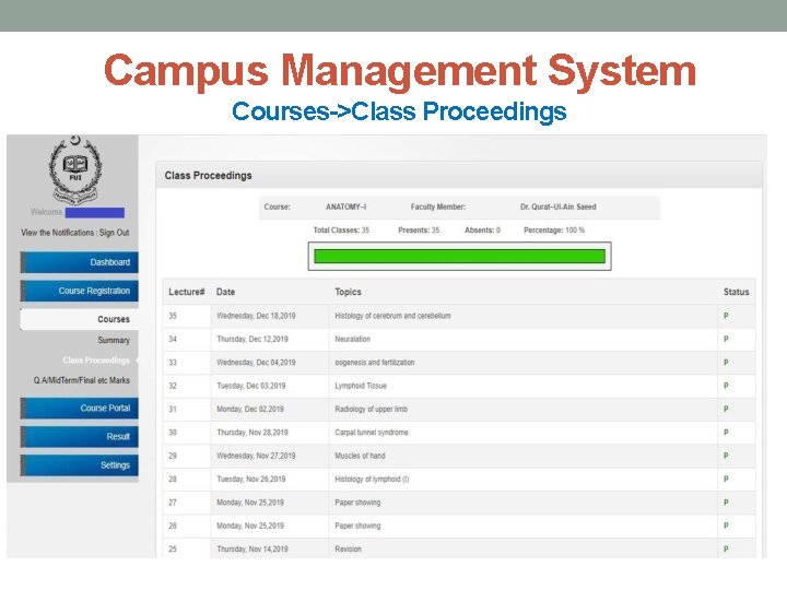 Campus Management System Courses->Class Proceedings 