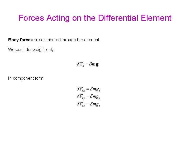 Forces Acting on the Differential Element Body forces are distributed through the element. We