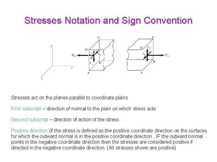 Stresses Notation and Sign Convention Stresses act on the planes parallel to coordinate plains