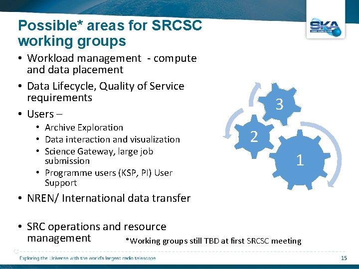Possible* areas for SRCSC working groups • Workload management ‐ compute and data placement