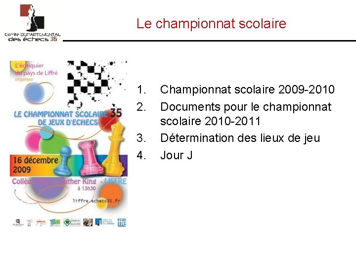 Le championnat scolaire 1. 2. 3. 4. Championnat scolaire 2009 -2010 Documents pour le