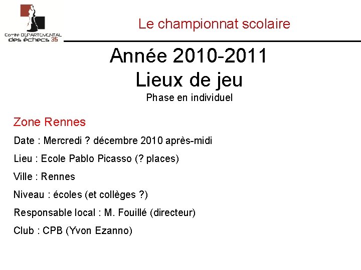 Le championnat scolaire Année 2010 -2011 Lieux de jeu Phase en individuel Zone Rennes