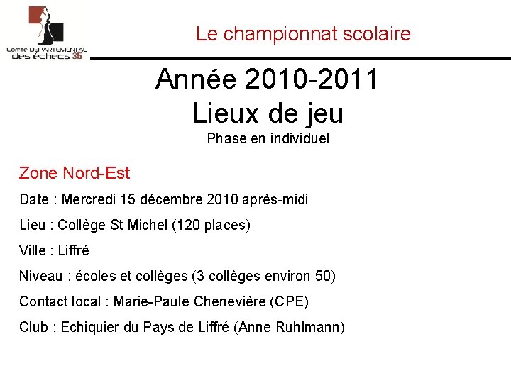 Le championnat scolaire Année 2010 -2011 Lieux de jeu Phase en individuel Zone Nord-Est