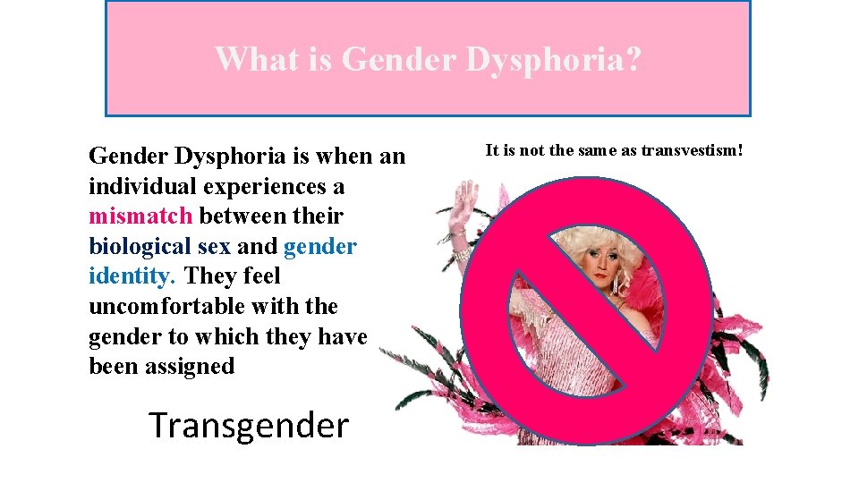 What is Gender Dysphoria? Gender Dysphoria is when an individual experiences a mismatch between