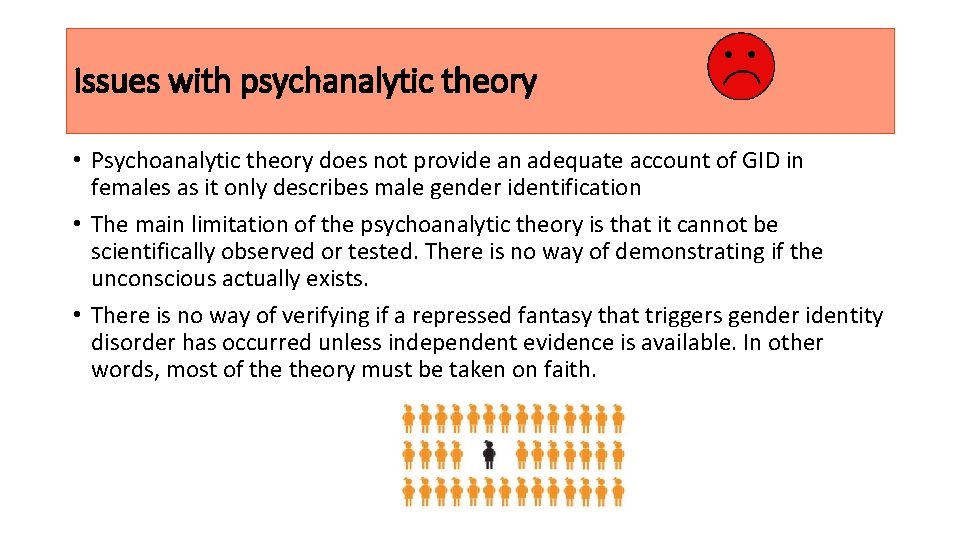 Issues with psychanalytic theory • Psychoanalytic theory does not provide an adequate account of