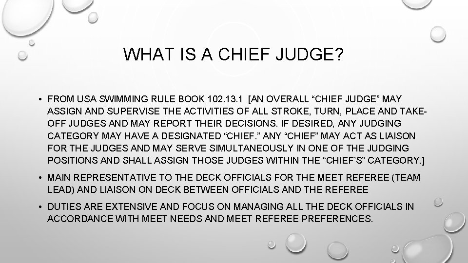 WHAT IS A CHIEF JUDGE? • FROM USA SWIMMING RULE BOOK 102. 13. 1 WHAT IS A CHIEF JUDGE? • FROM USA SWIMMING RULE BOOK 102. 13. 1