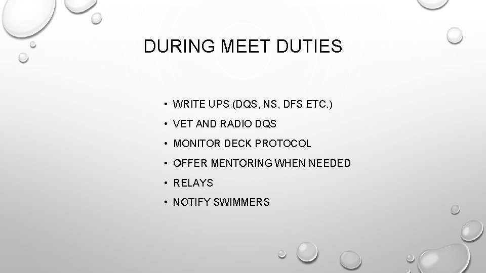 DURING MEET DUTIES • WRITE UPS (DQS, NS, DFS ETC. ) • VET AND DURING MEET DUTIES • WRITE UPS (DQS, NS, DFS ETC. ) • VET AND