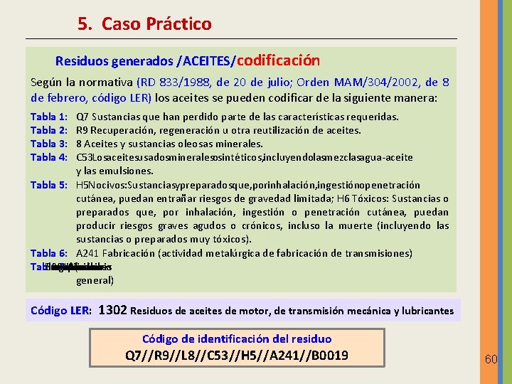 5. Caso Práctico Residuos generados /ACEITES/codificación Según la normativa (RD 833/1988, de 20 de 5. Caso Práctico Residuos generados /ACEITES/codificación Según la normativa (RD 833/1988, de 20 de