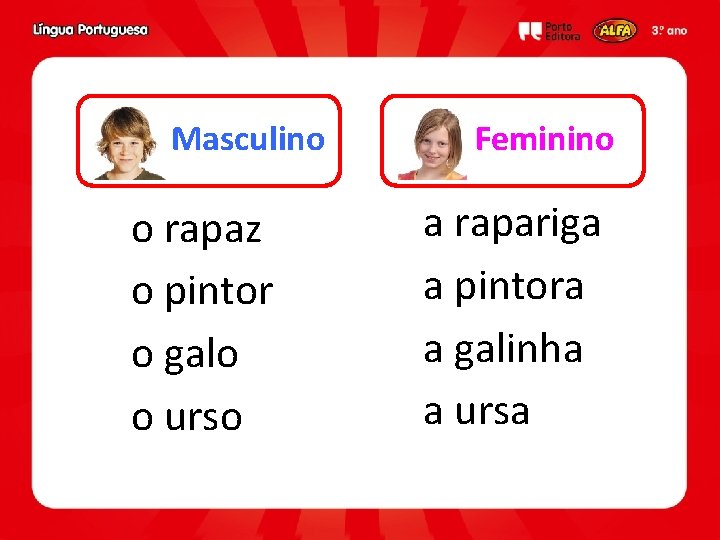 Masculino o rapaz o pintor o galo o urso Feminino a rapariga a pintora