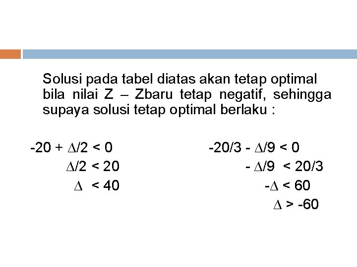 Solusi pada tabel diatas akan tetap optimal bila nilai Z – Zbaru tetap negatif,