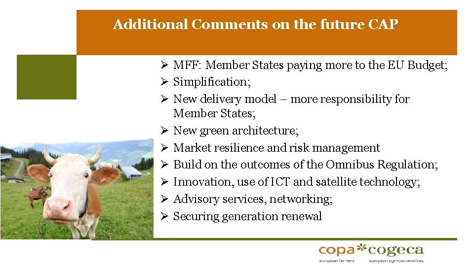 Additional Comments on the future CAP Ø MFF: Member States paying more to the