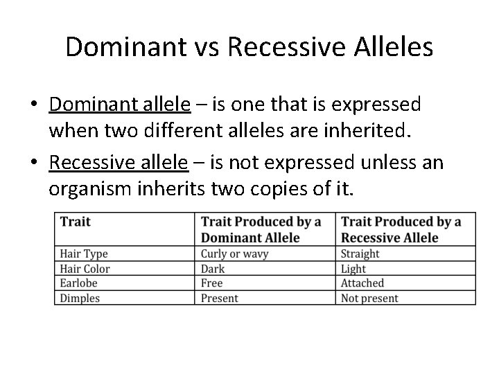 Dominant vs Recessive Alleles • Dominant allele – is one that is expressed when