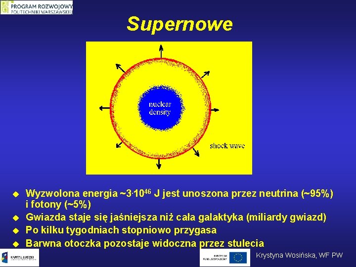 Supernowe u u Wyzwolona energia ~3. 1046 J jest unoszona przez neutrina (~95%) i