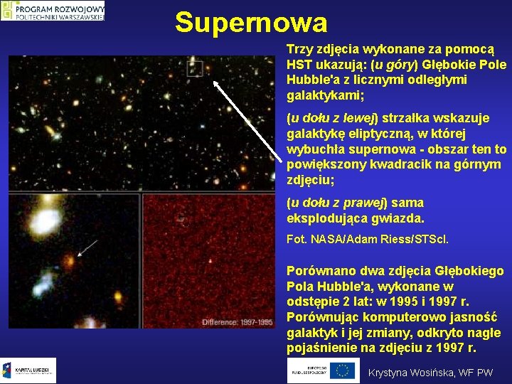 Supernowa Trzy zdjęcia wykonane za pomocą HST ukazują: (u góry) Głębokie Pole Hubble'a z