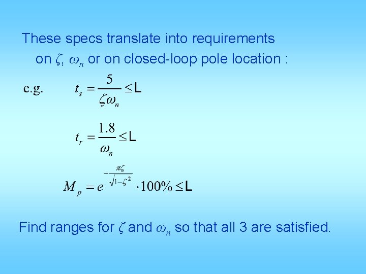 These specs translate into requirements on ζ, ωn or on closed-loop pole location :