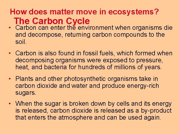 How does matter move in ecosystems? The Carbon Cycle • Carbon can enter the