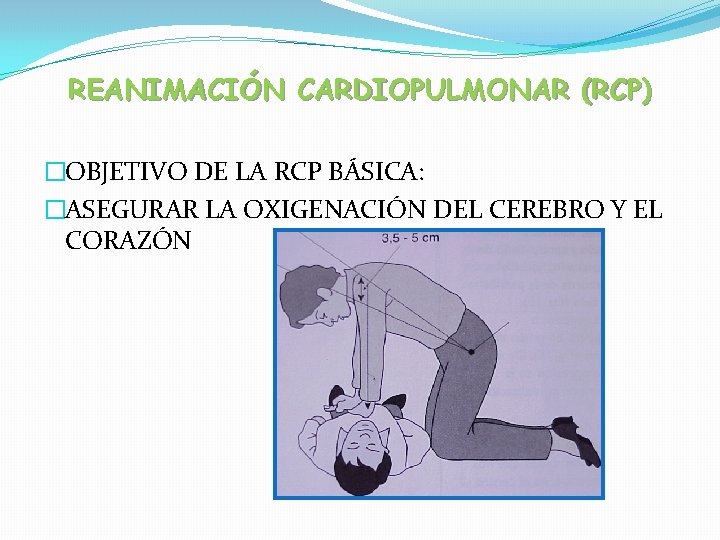 REANIMACIÓN CARDIOPULMONAR (RCP) �OBJETIVO DE LA RCP BÁSICA: �ASEGURAR LA OXIGENACIÓN DEL CEREBRO Y