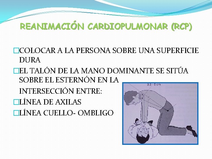 REANIMACIÓN CARDIOPULMONAR (RCP) �COLOCAR A LA PERSONA SOBRE UNA SUPERFICIE DURA �EL TALÓN DE