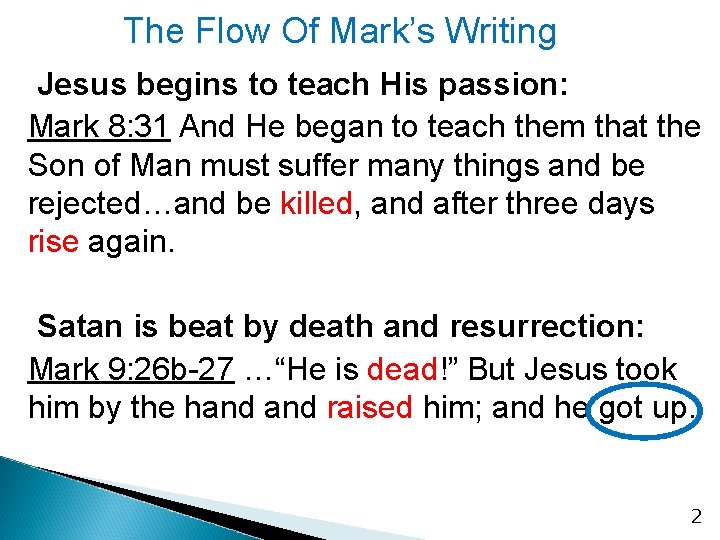 The Flow Of Mark’s Writing Jesus begins to teach His passion: Mark 8: 31