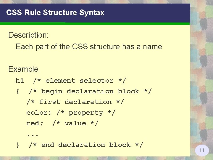 CSS Rule Structure Syntax Description: Each part of the CSS structure has a name