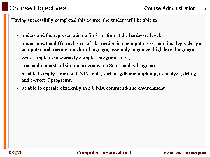 Course Objectives Course Administration 5 Having successfully completed this course, the student will be