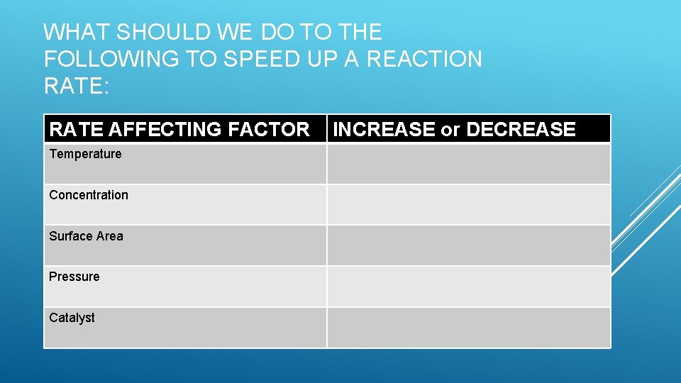 WHAT SHOULD WE DO TO THE FOLLOWING TO SPEED UP A REACTION RATE: RATE