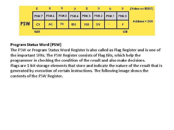 Program Status Word (PSW) The PSW or Program Status Word Register is also called