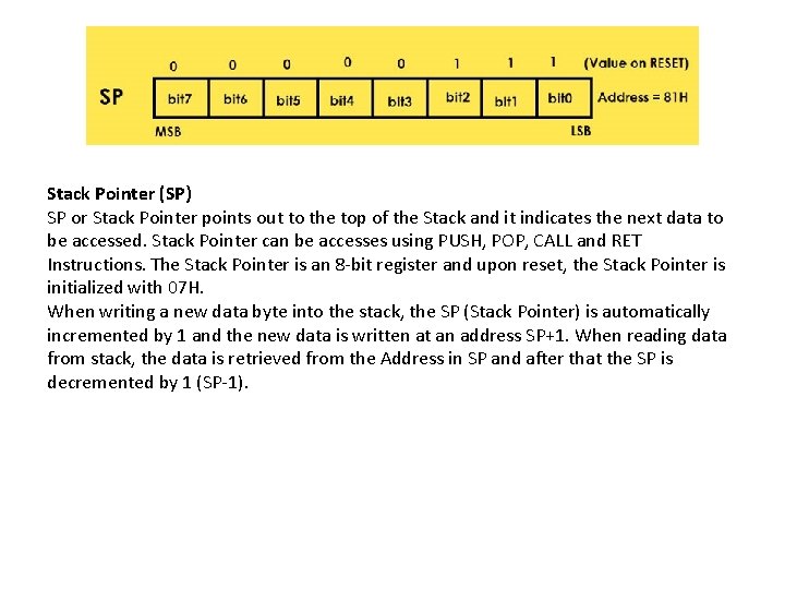 Stack Pointer (SP) SP or Stack Pointer points out to the top of the