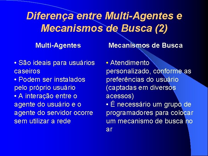 Diferença entre Multi-Agentes e Mecanismos de Busca (2) Multi-Agentes • São ideais para usuários