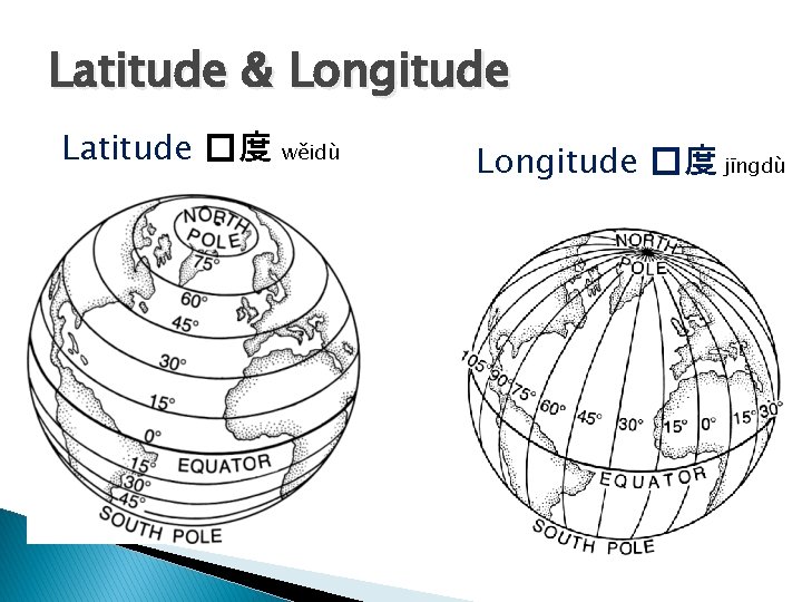 Latitude & Longitude Latitude �度 wěidù Longitude �度 jīngdù 