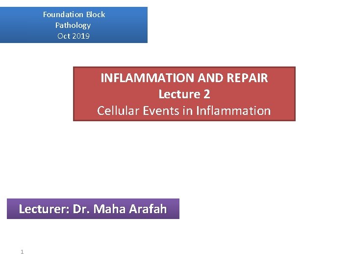Foundation Block Pathology Oct 2019 INFLAMMATION AND REPAIR Lecture 2 Cellular Events in Inflammation
