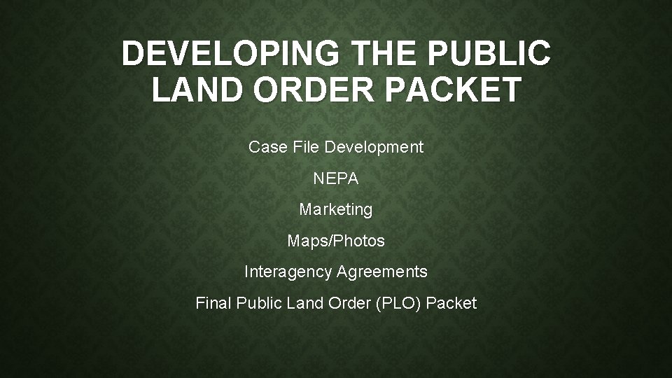 DEVELOPING THE PUBLIC LAND ORDER PACKET Case File Development NEPA Marketing Maps/Photos Interagency Agreements