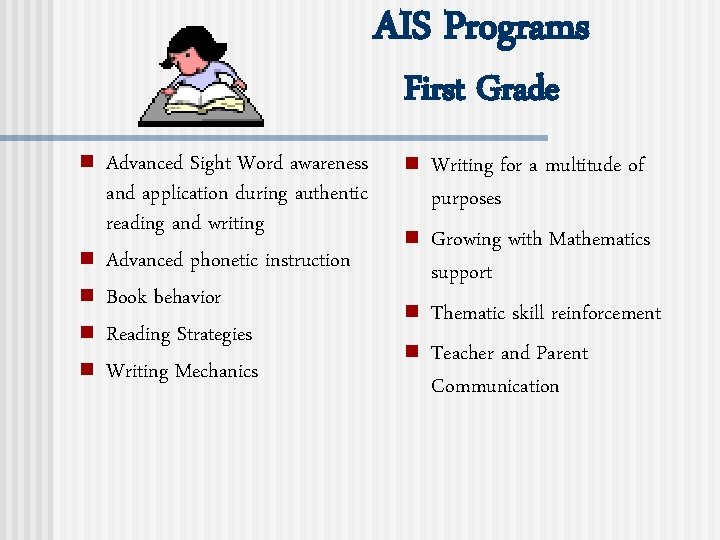 AIS Programs First Grade n n n Advanced Sight Word awareness and application during