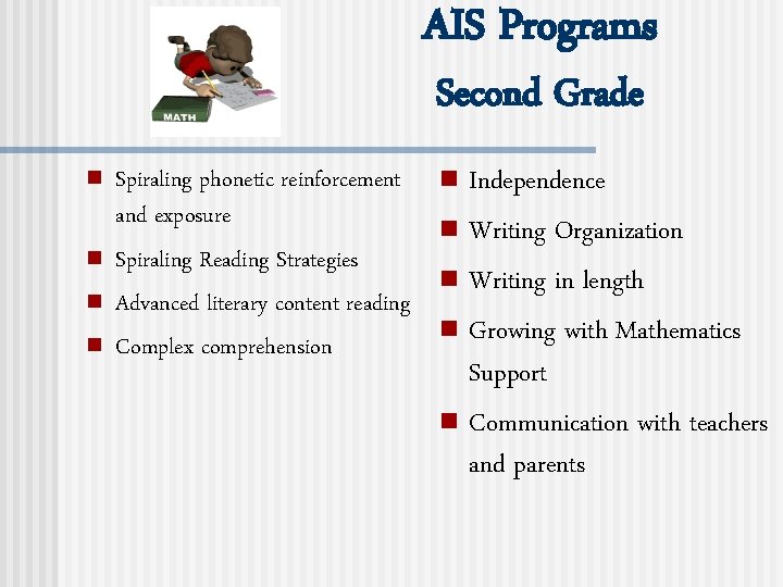 AIS Programs Second Grade n n Spiraling phonetic reinforcement and exposure Spiraling Reading Strategies