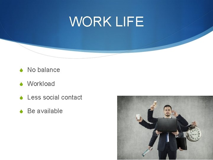 WORK LIFE S No balance S Workload S Less social contact S Be available