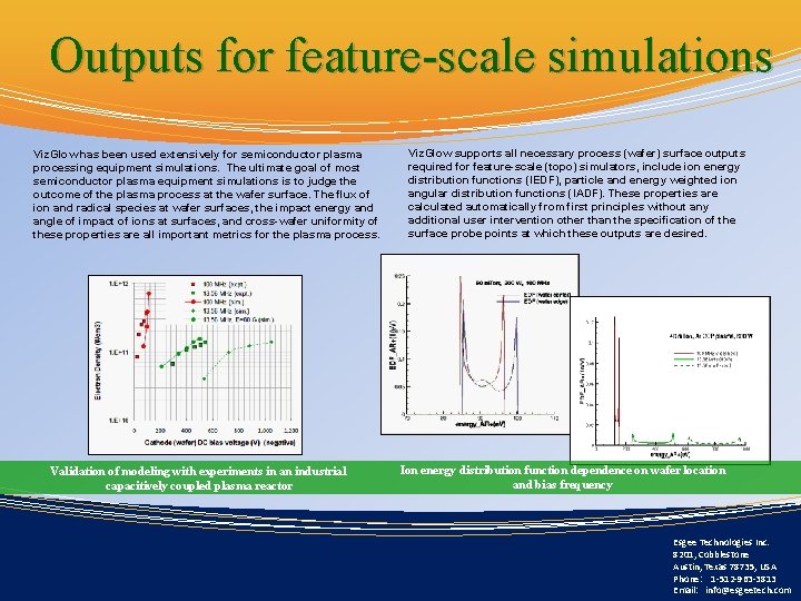 Outputs for feature-scale simulations Viz. Glow has been used extensively for semiconductor plasma processing